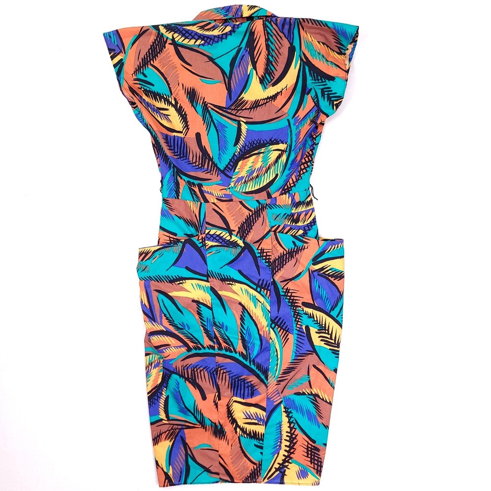 Vintage 80s Abstract Tropical Midi Dress Sleeveless Padded Shoulder Multicolor - Picture 3 of 10